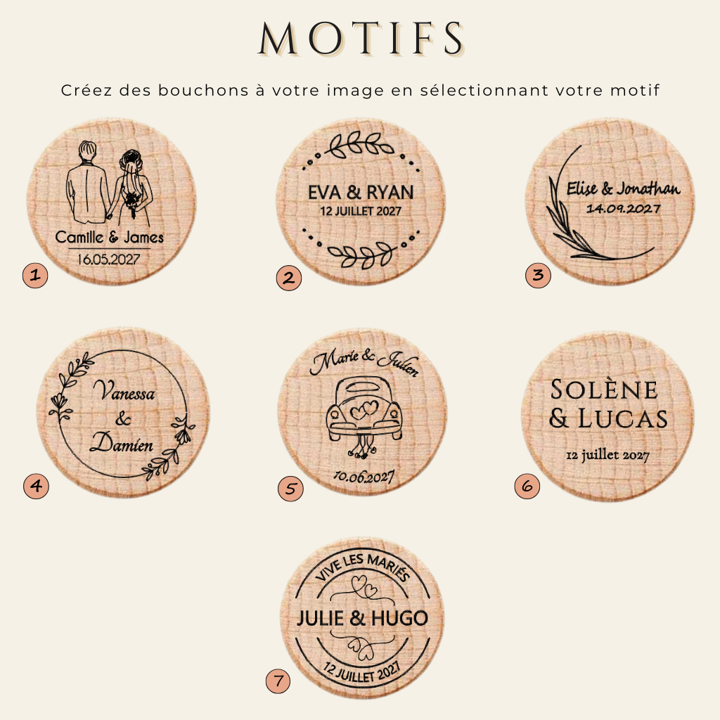 Bouchon personnalisé – Cadeau invité mariage en bois gravé