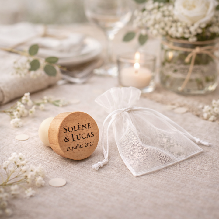Bouchon mariage personnalisé en bois – Cadeau invité