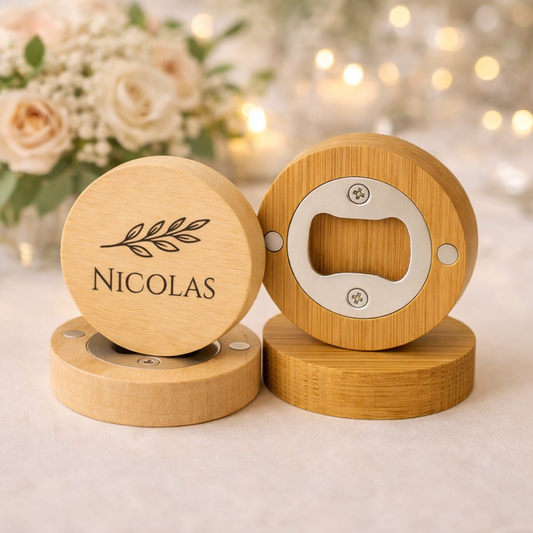 Marque-place personnalisé en bois – Cadeau invité décapsuleur magnétique