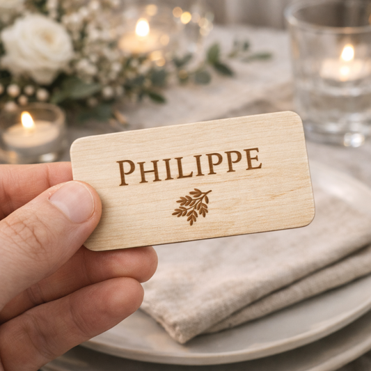 Marque-place mariage personnalisé en bois – Élégance de table
