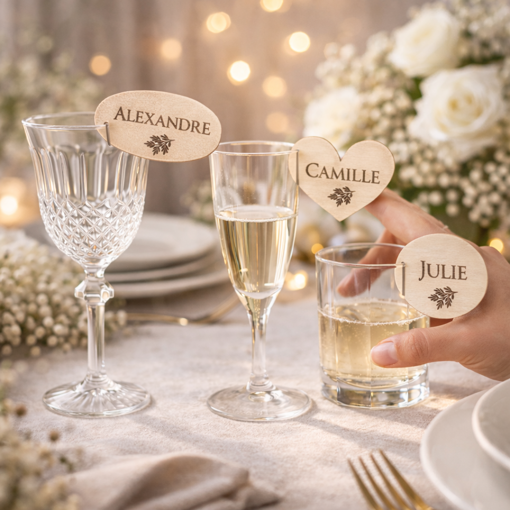 Marque-place verre mariage personnalisé – Bois gravé