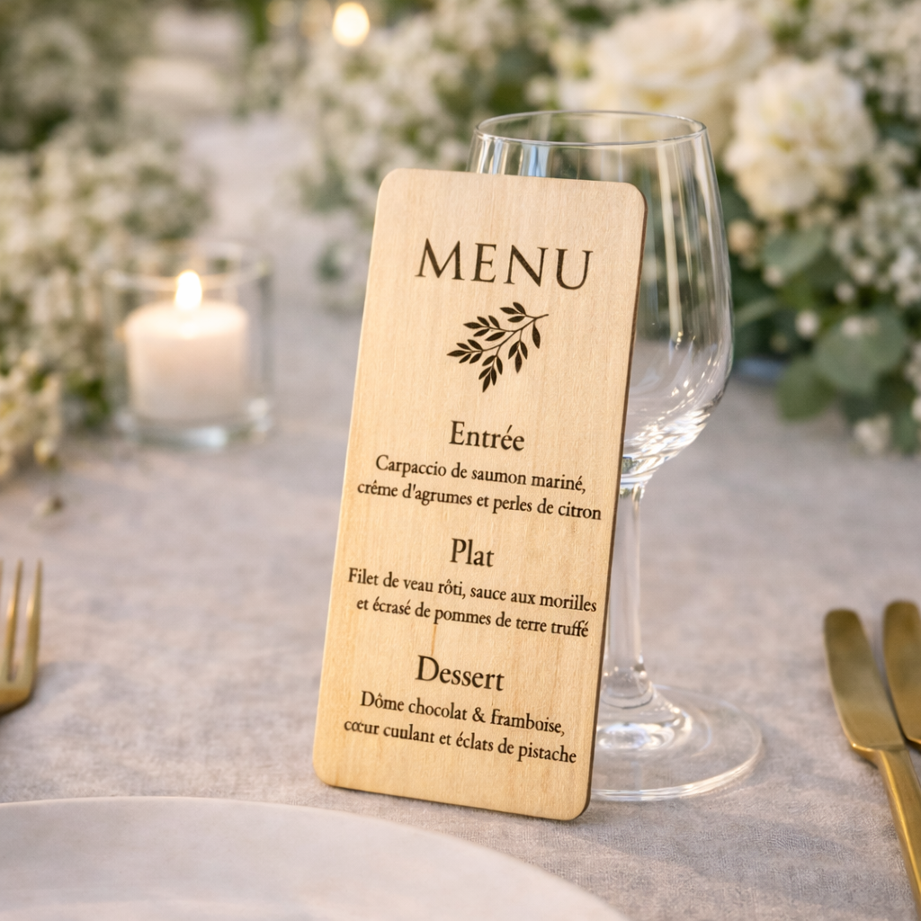 Menu mariage personnalisé en bois – Menu de table individuel