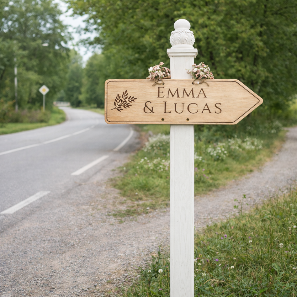 Grand panneau directionnel en bois personnalisé – Entrée, route & lieu de réception