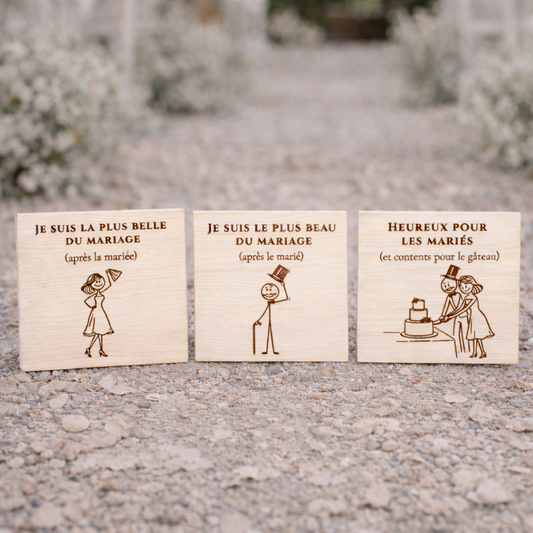 Accessoires photobooth mariage en bois – Trio pancartes
