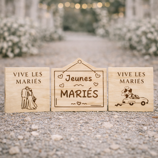 Accessoires photobooth mariage en bois – Trio pancartes mariés