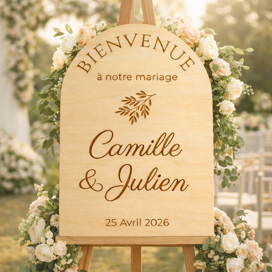 Pancarte de bienvenue mariage personnalisée en bois