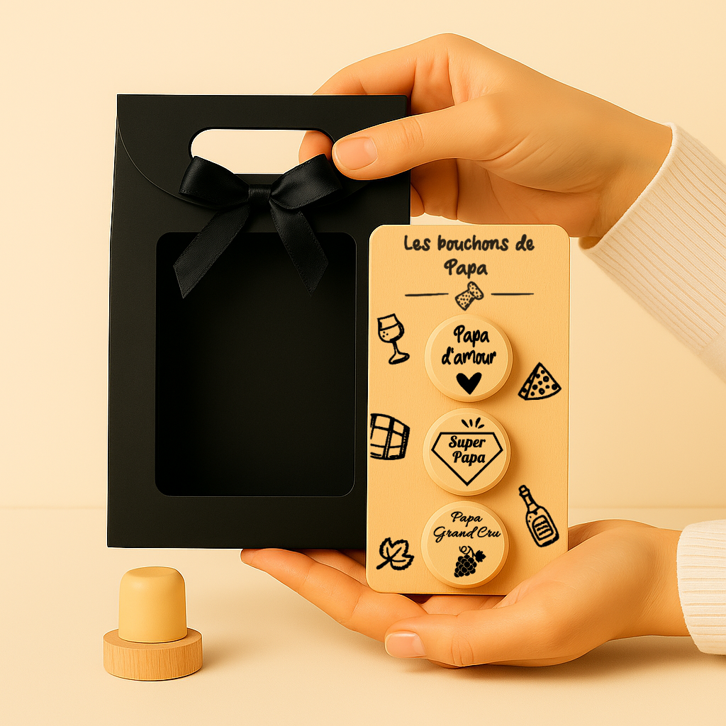 Coffret cadeau 3 bouchons personnalisés en bois