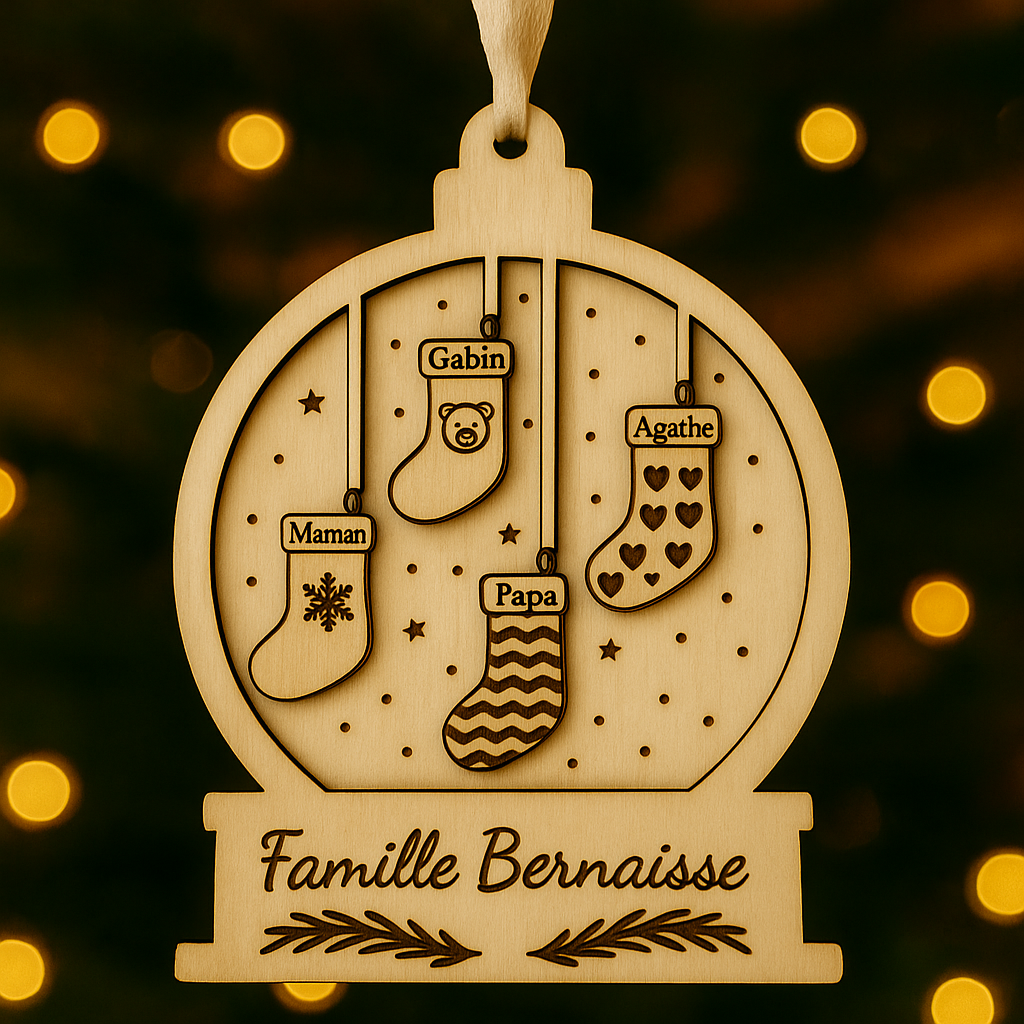 Boule de Noël personnalisée famille en bois – Collection chaussettes