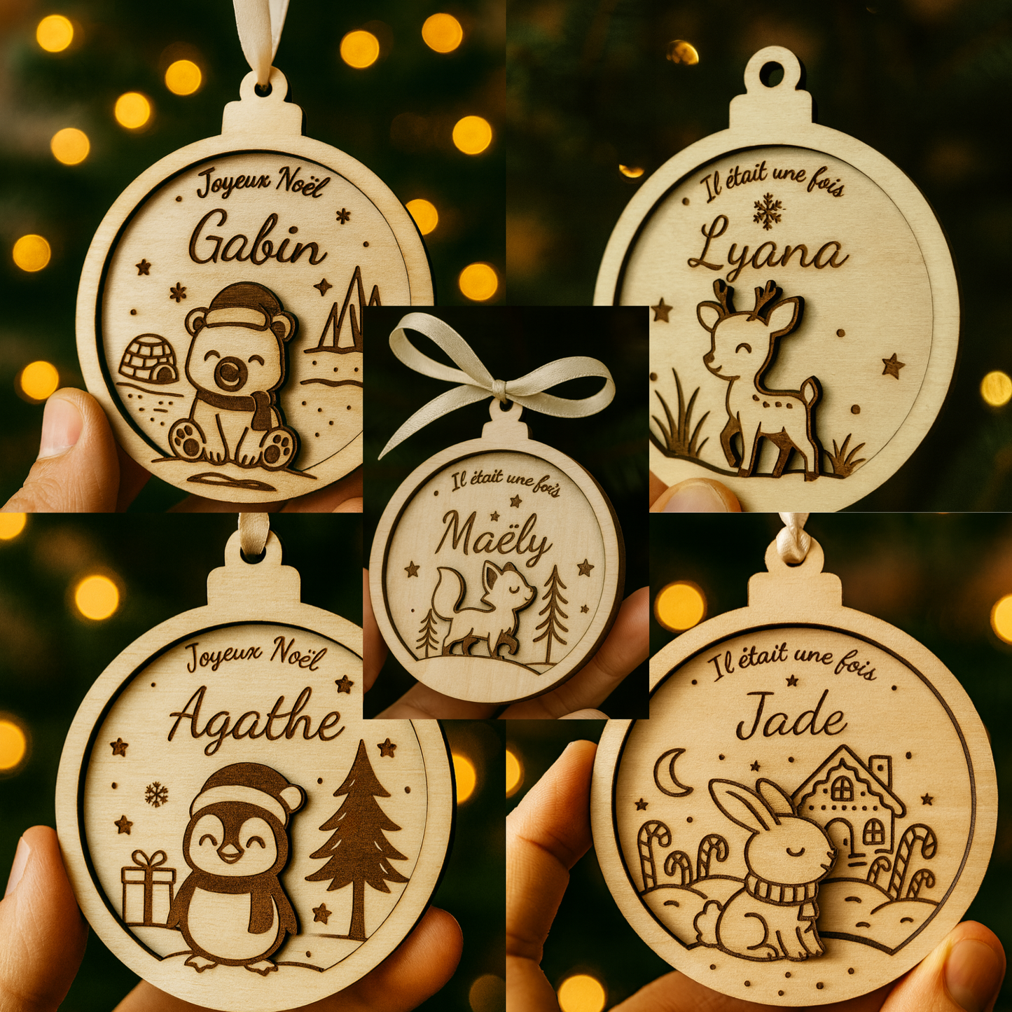 Boule de Noël personnalisée en bois – Collection animaux
