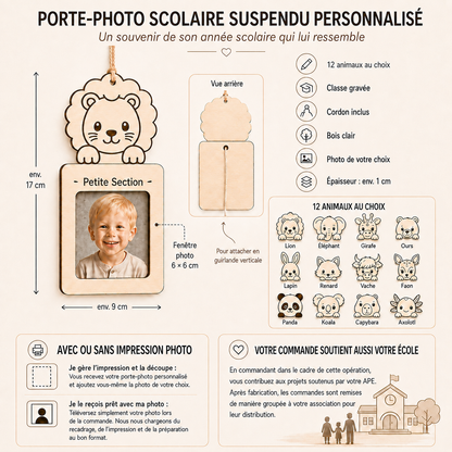 Porte-photo scolaire suspendu personnalisé – Animal au choix