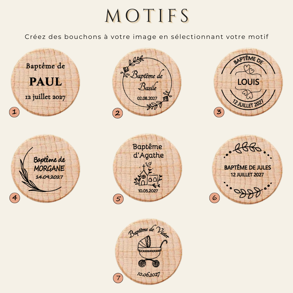 Bouchon baptême personnalisé en bois – Cadeau invité