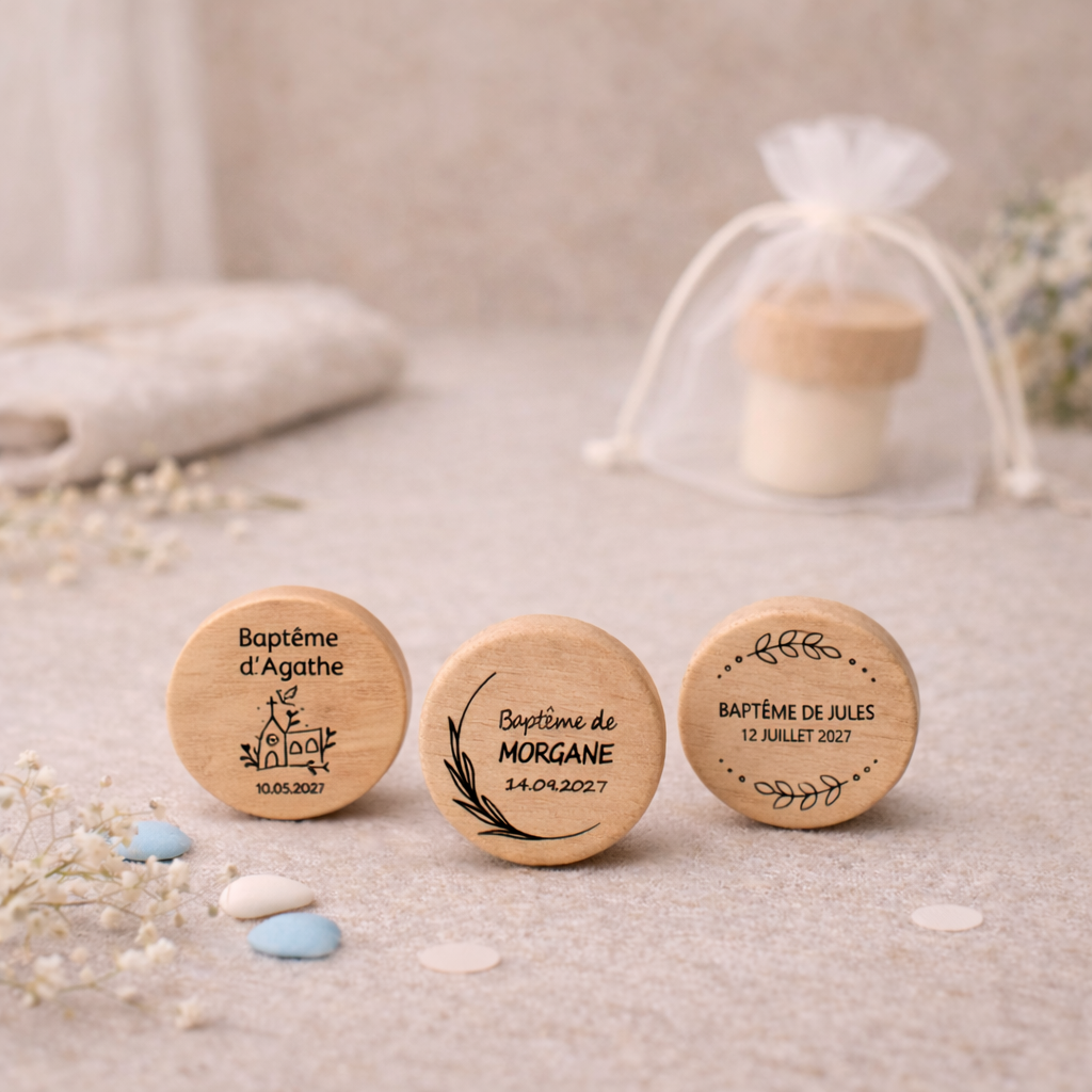 Bouchon baptême personnalisé en bois – Cadeau invité