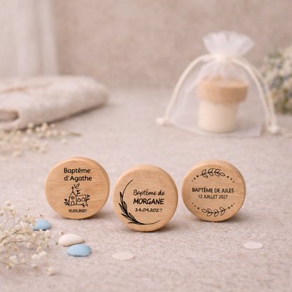 Bouchon baptême personnalisé en bois – Cadeau invité