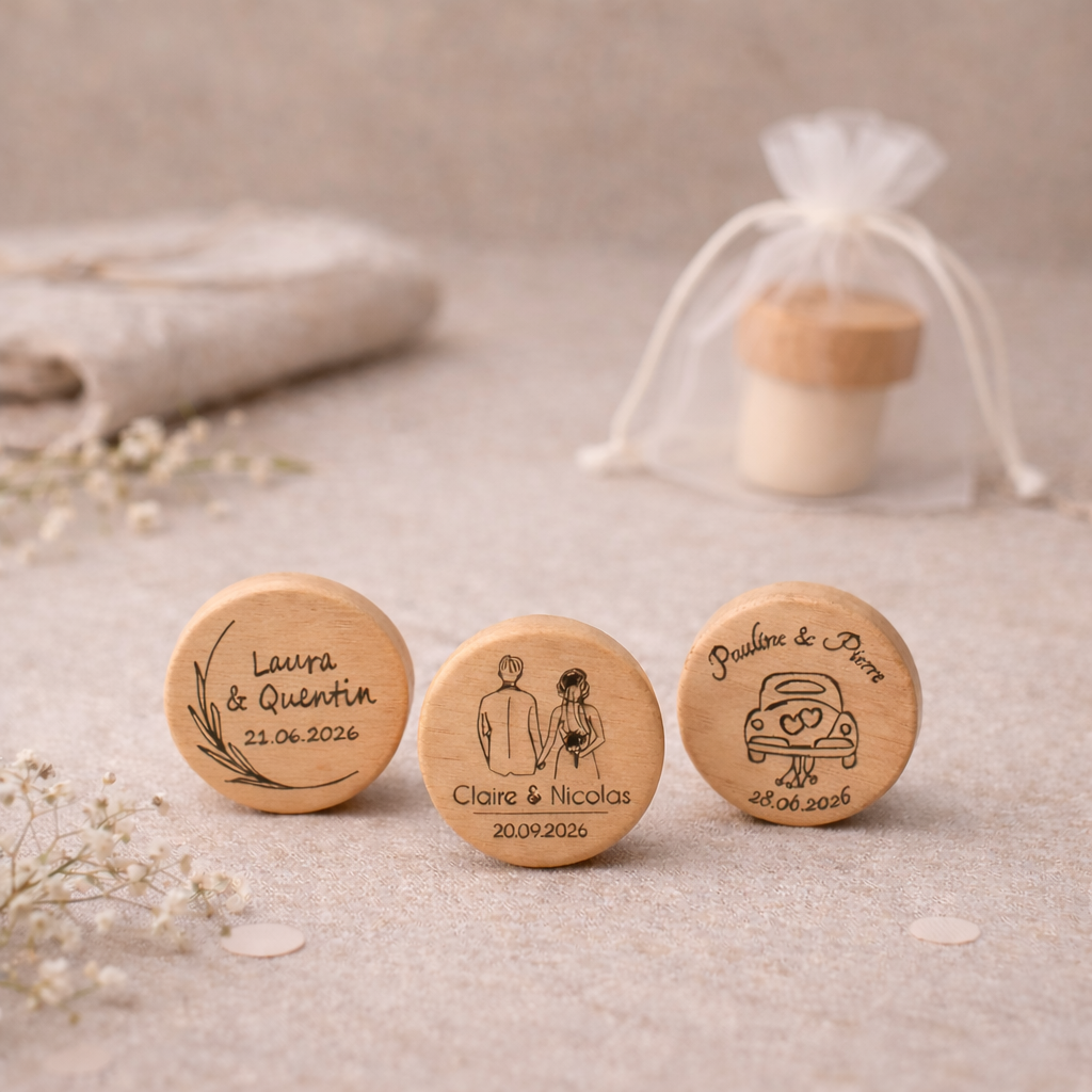 Bouchon personnalisé – Cadeau invité mariage en bois gravé