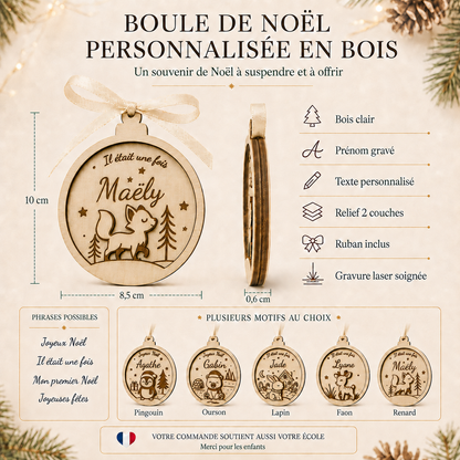 Boule de Noël personnalisée en bois – Collection Animaux