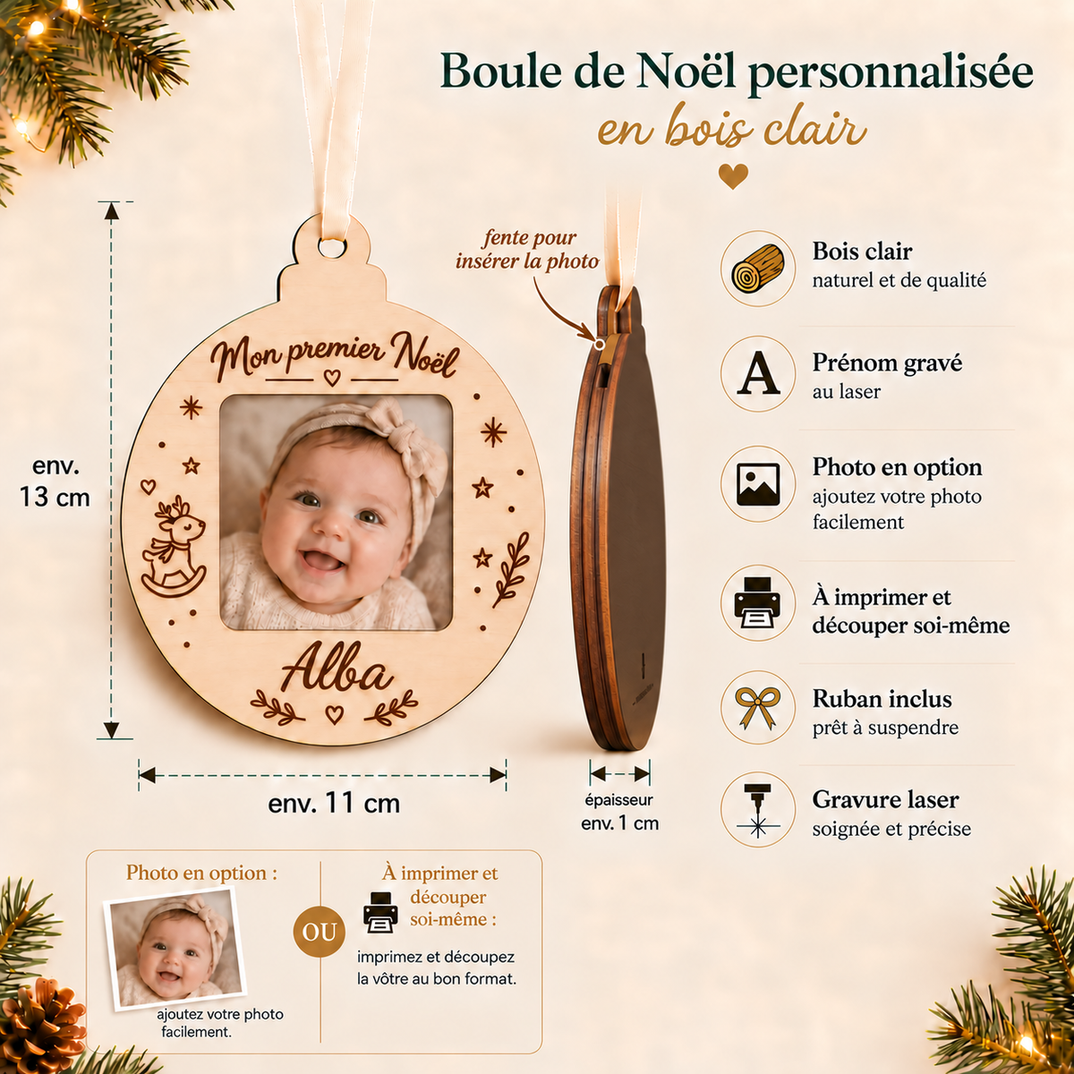 Boule de Noël bébé personnalisée avec photo – Mon premier Noël