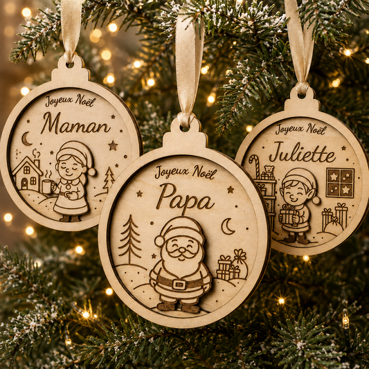 Boule de Noël personnalisée en bois – Collection Personnages de Noël