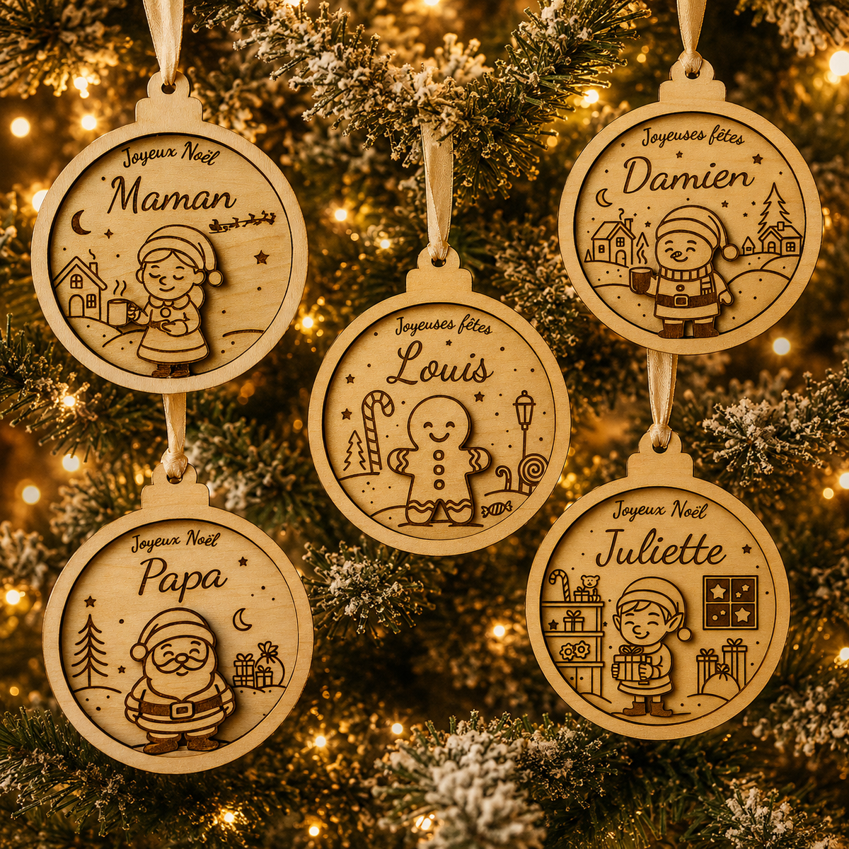 Boule de Noël personnalisée en bois – Collection Personnages de Noël
