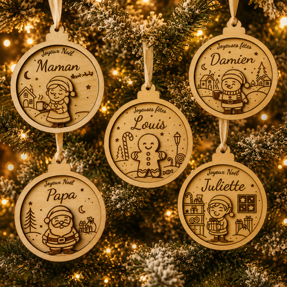 Boule de Noël personnalisée en bois – Collection Personnages de Noël