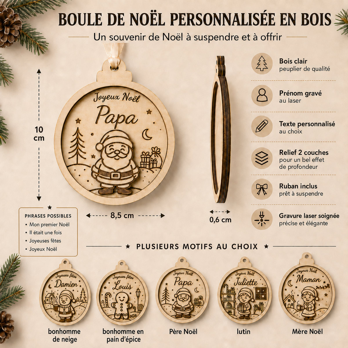 Boule de Noël personnalisée en bois – Collection Personnages de Noël