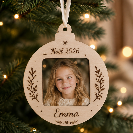 Boule de Noël photo personnalisée en bois – Souvenir de l’année