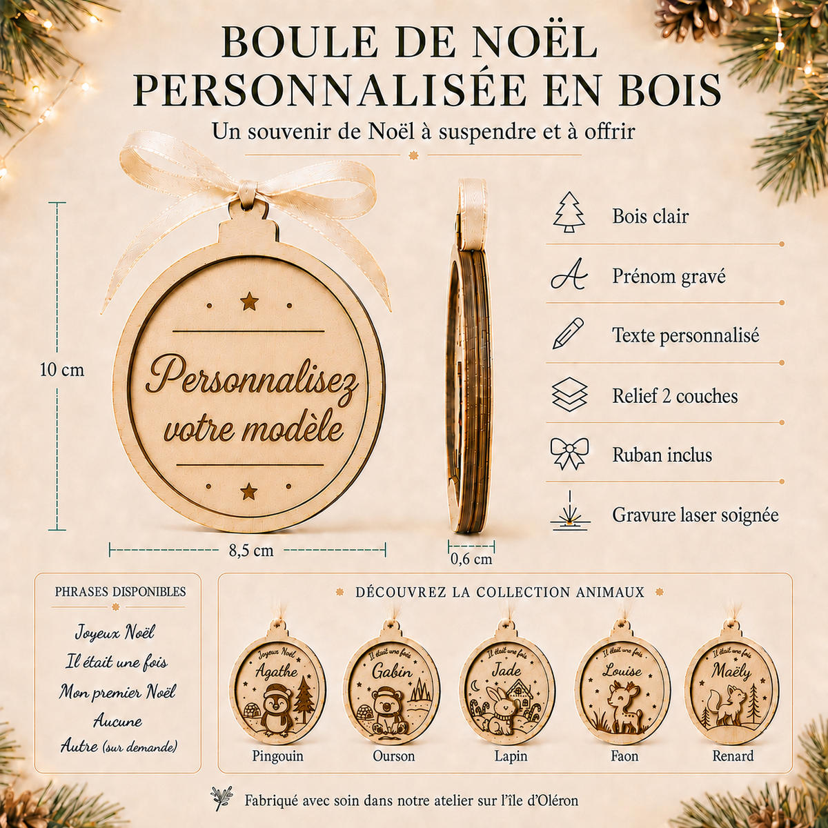 Boule de Noël personnalisée en bois – Collection animaux