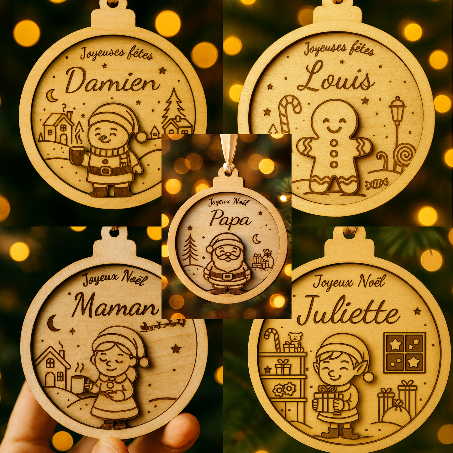 Boule de Noël personnalisée en bois – Collection famille
