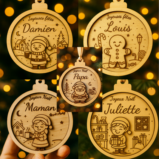 Boule de Noël personnalisée en bois – Collection famille