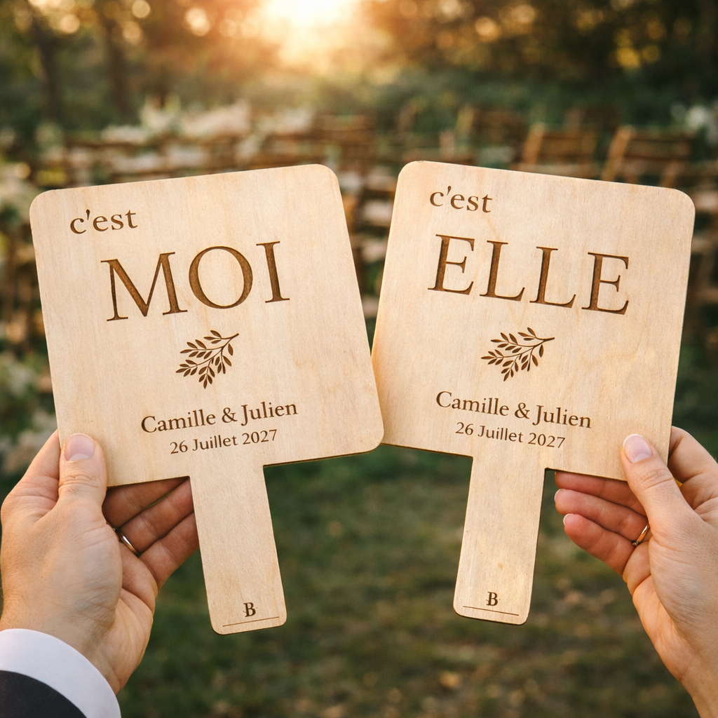 Jeu elle et lui mariage – Pancartes personnalisées en bois (animation mariage)