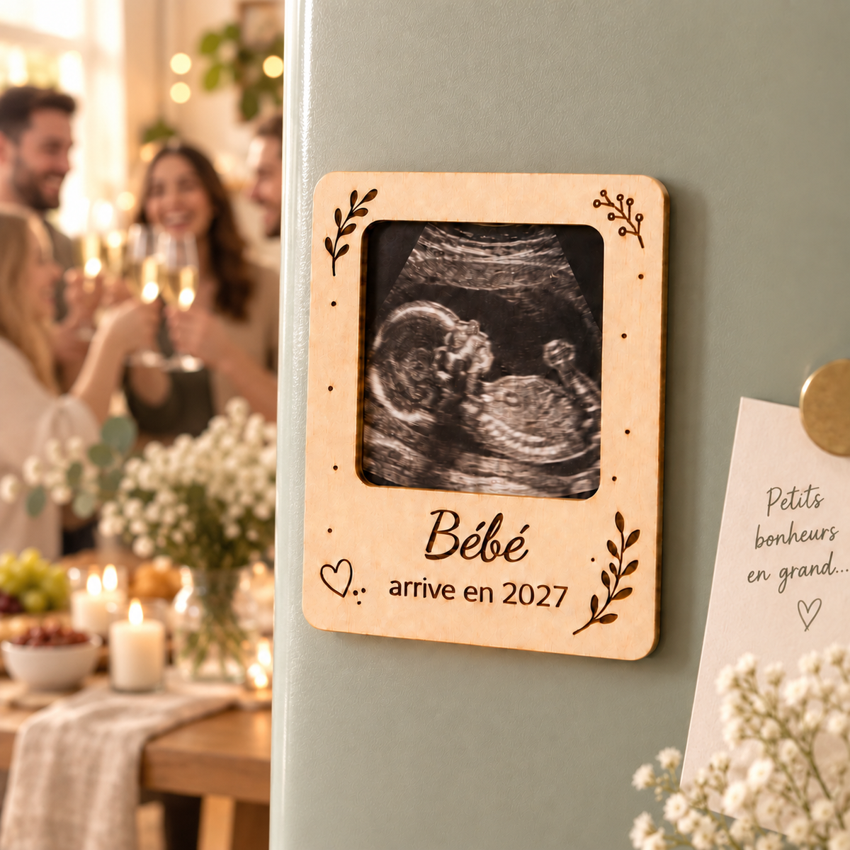 Magnet annonce grossesse personnalisé en bois avec photo