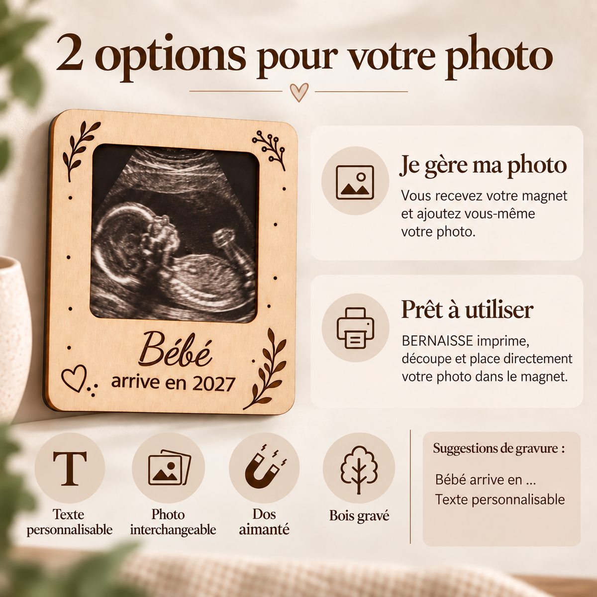 Magnet annonce grossesse personnalisé en bois avec photo