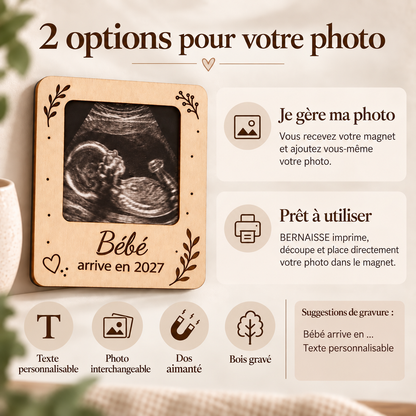 Magnet annonce grossesse personnalisé en bois avec photo