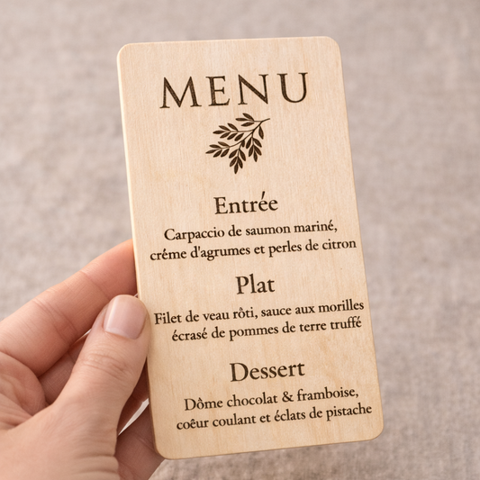 Menu mariage personnalisé en bois – Menu de table individuel