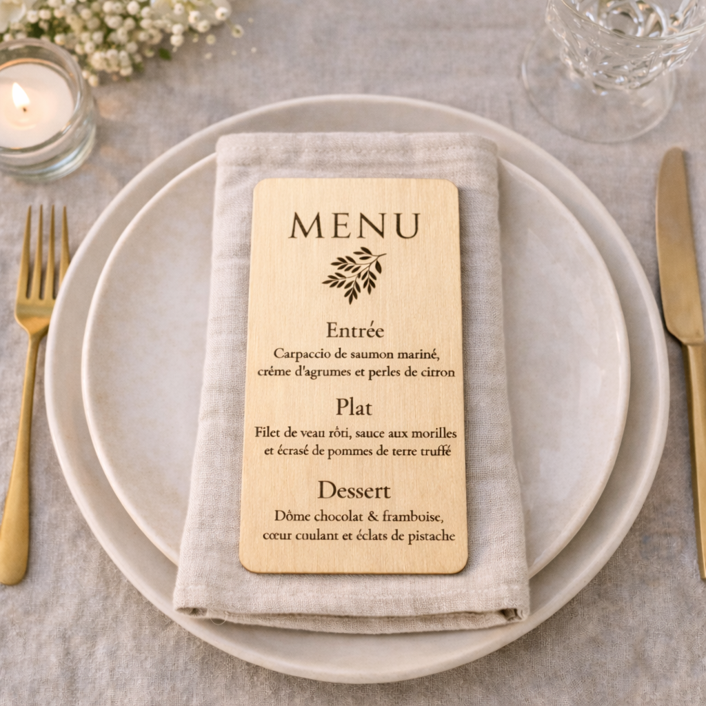 Menu mariage personnalisé en bois – Menu de table individuel