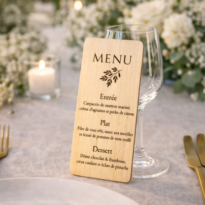 Menu mariage personnalisé en bois – Menu de table individuel