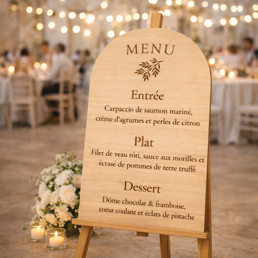 Menu mariage en bois – Panneau grand format personnalisé