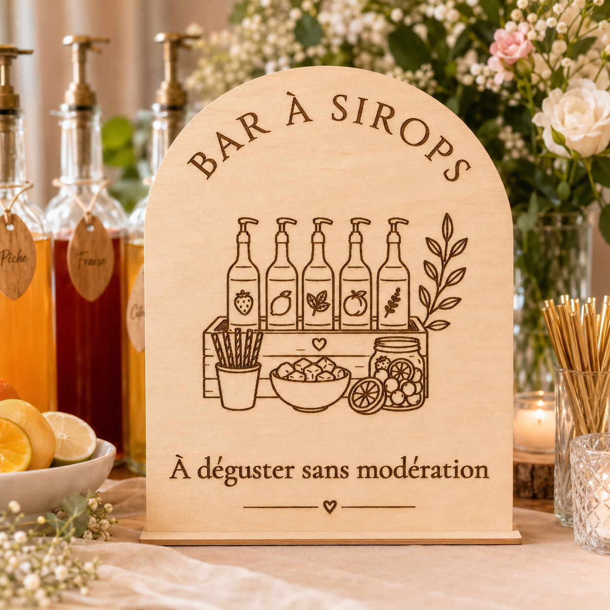 Pancarte Bar à sirops mariage en bois – Autoportante