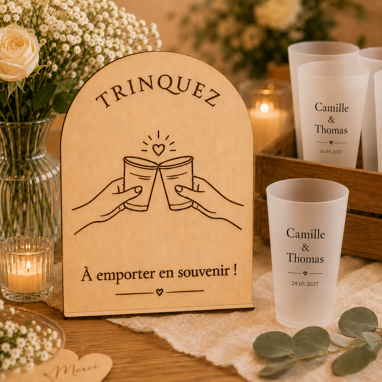 Pancarte gobelets personnalisés mariage en bois – Autoportante