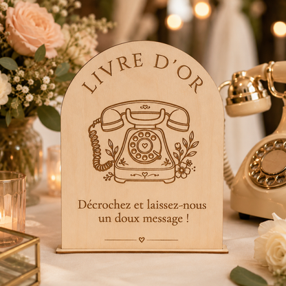 Pancarte Livre d’or audio mariage en bois – Autoportante