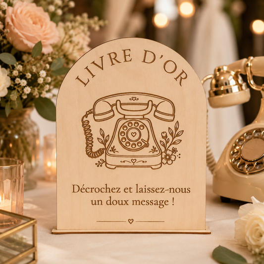 Pancarte Livre d’or audio mariage en bois – Autoportante
