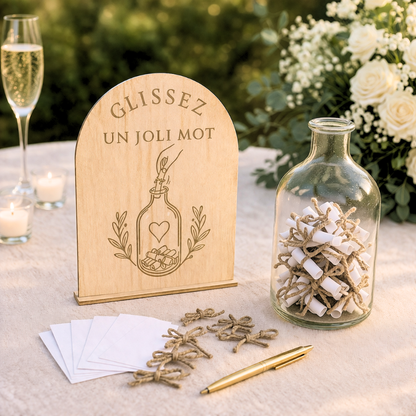 Pancarte livre d’or bouteille à vœux en bois – Signalétique événement
