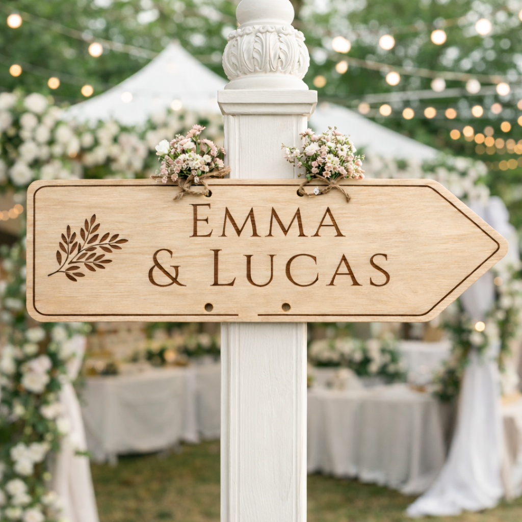 Grand panneau directionnel en bois personnalisé – Entrée, route & lieu de réception