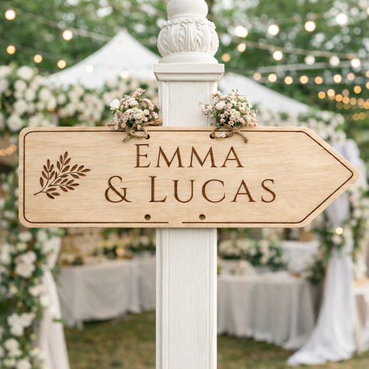 Grand panneau directionnel en bois personnalisé – Entrée, route & lieu de réception
