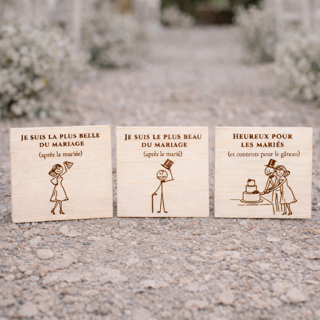 Trio de pancartes photo adultes en bois – Accessoires mariage photobooth