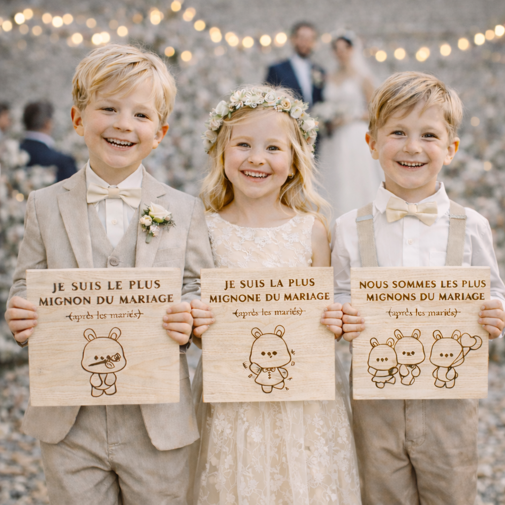 Trio de pancartes photo enfants en bois – Accessoires mariage photobooth