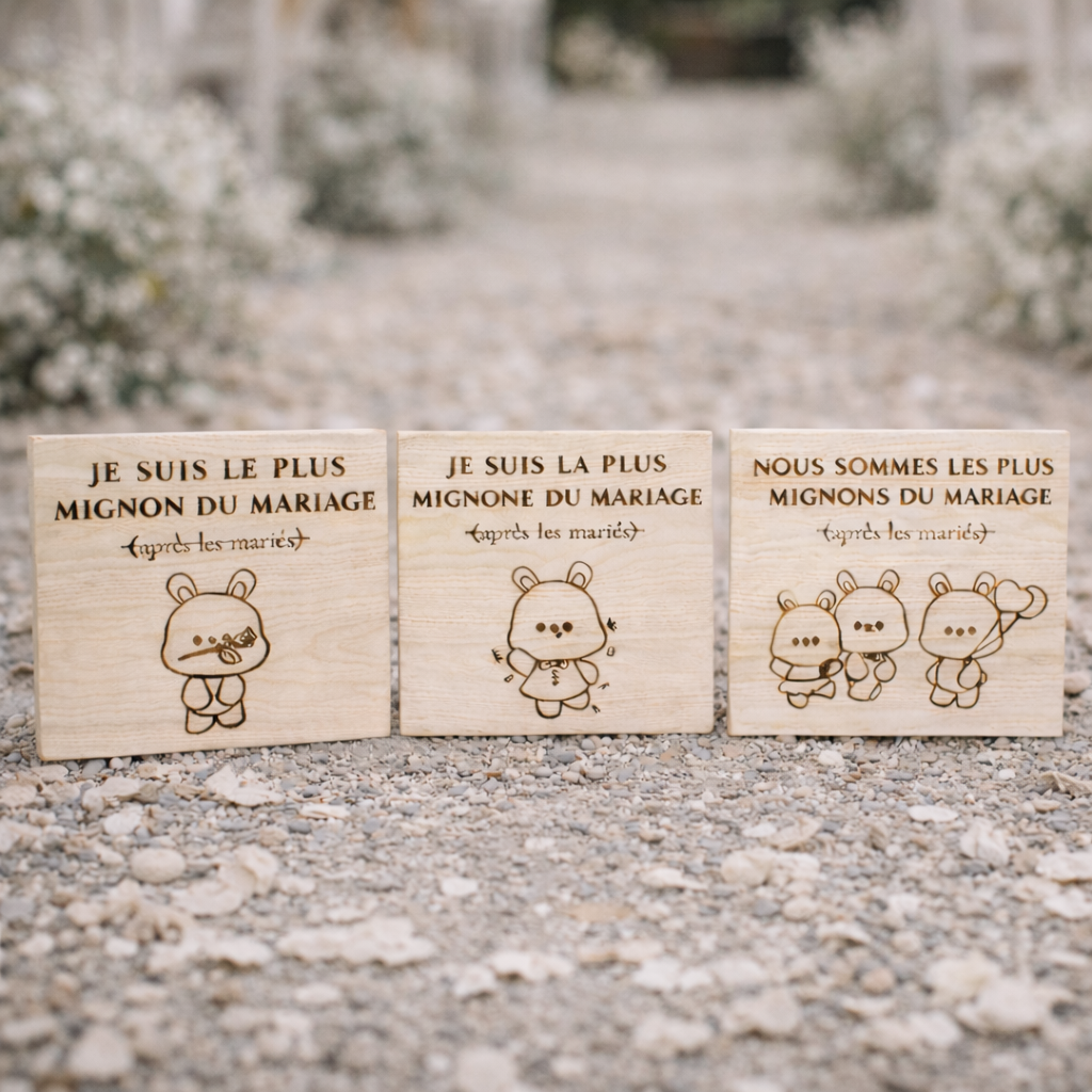 Trio de pancartes photo enfants en bois – Accessoires mariage photobooth