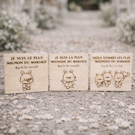 Accessoires photobooth mariage en bois – Trio pancartes enfants