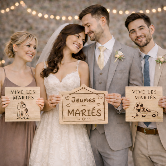 Trio de pancartes photo mariés en bois – Accessoires mariage photobooth