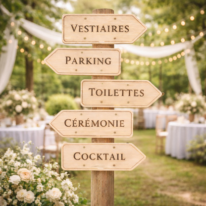 Pancarte direction personnalisée en bois – Signalétique événements & réceptions
