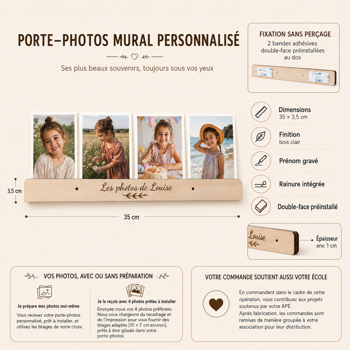 Porte-photos mural personnalisé en bois – Prêt à installer